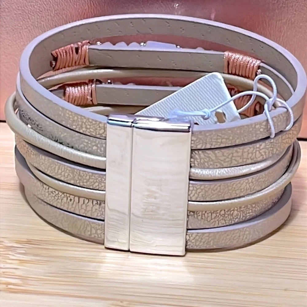 Brand New Multi-Strap Beaded Vegan Leather Wrap Magnetic Clasp Metallic Bracelet